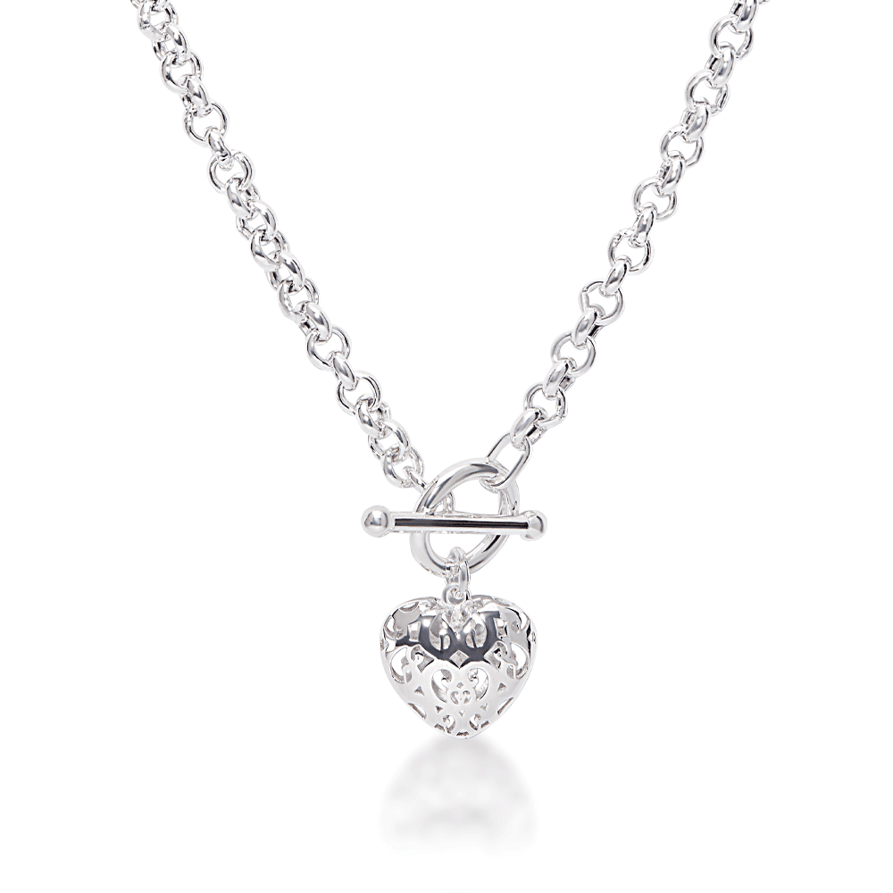 45cm Puff Heart Necklace in Sterling Silver Pendants Bevilles 