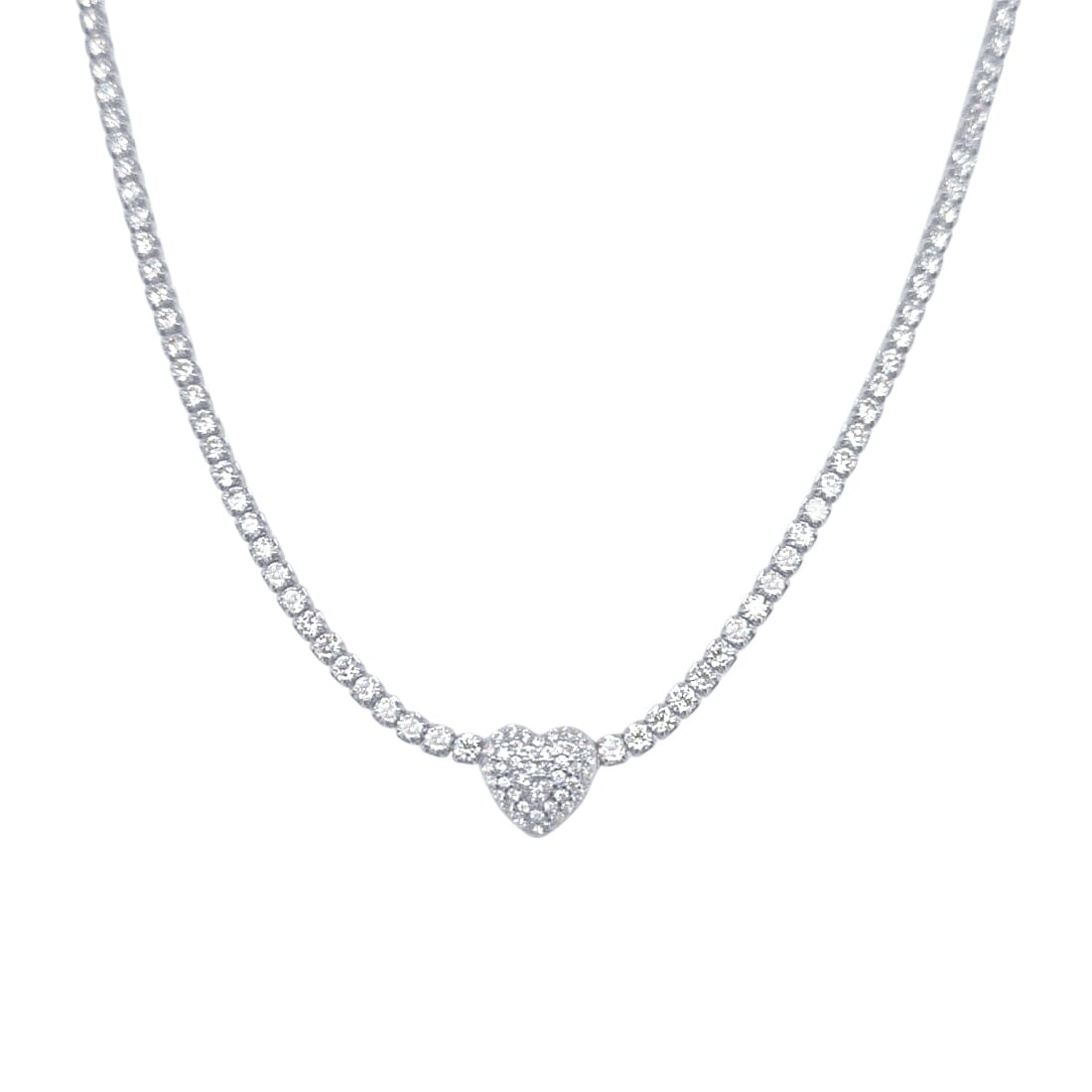 38cm Pave Heart Necklace with Cubic Zirconia in Sterling Silver Necklaces Bevilles 