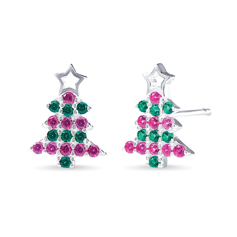 Christmas Tree Stud Earrings with Red and Green Cubic Zirconia in Sterling Silver Earrings Bevilles Jewellers 