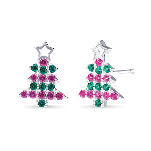 Christmas Tree Stud Earrings with Red and Green Cubic Zirconia in Sterling Silver Earrings Bevilles Jewellers 