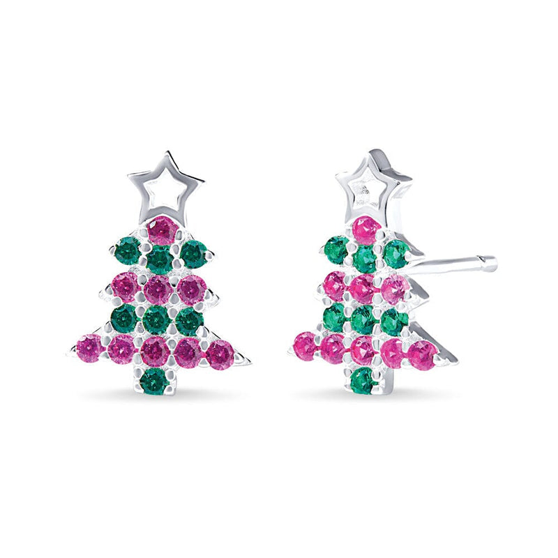 Christmas Tree Stud Earrings with Red and Green Cubic Zirconia in Sterling Silver Earrings Bevilles Jewellers 