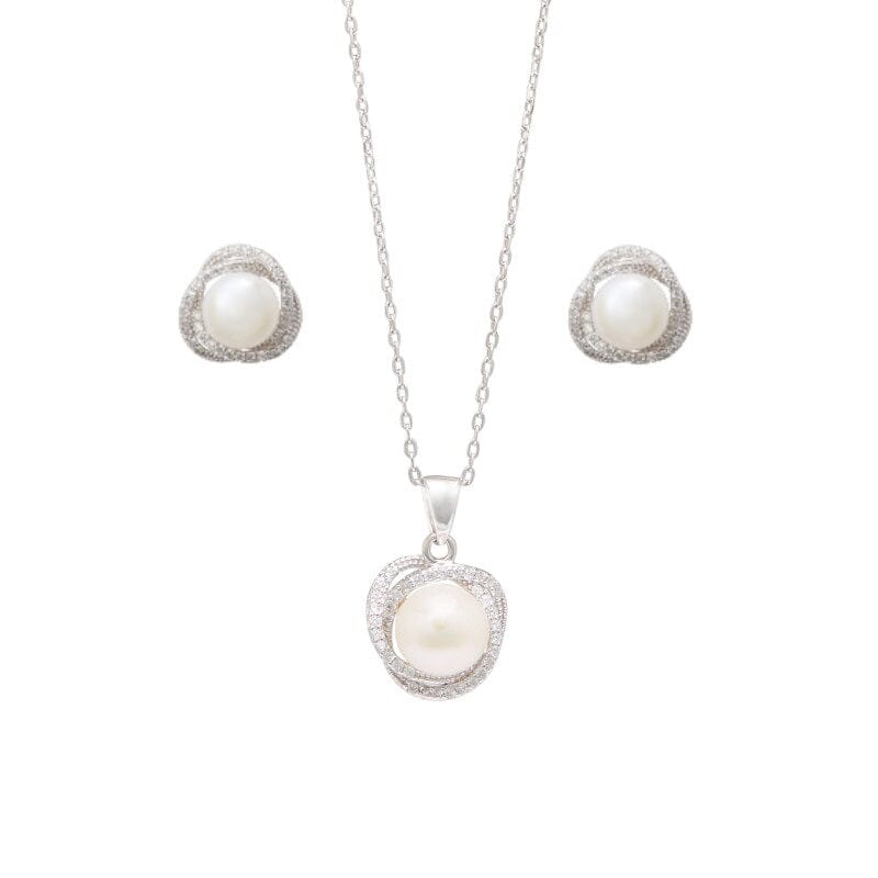 Synthetic Pearl Stud Earrings and Necklace With Cubic Zirconia Set in Sterling Silver Jewellery Sets Bevilles 