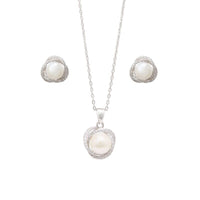 Synthetic Pearl Stud Earrings and Necklace With Cubic Zirconia Set in Sterling Silver Jewellery Sets Bevilles 