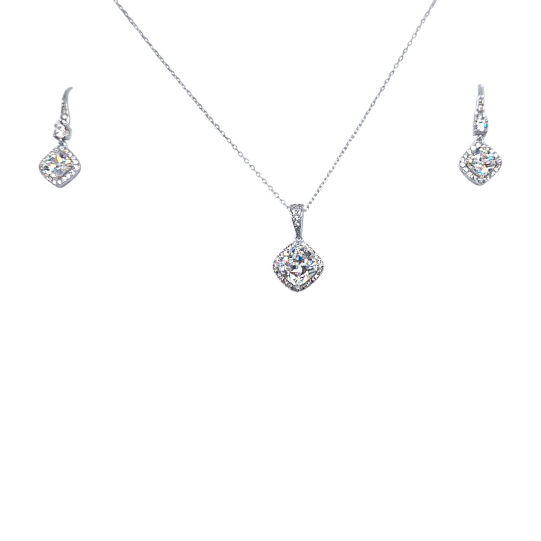 Drop Earrings and Cushion Shaped Pendant Necklace with Cubic Zirconia in Sterling Silver Jewellery Set Jewellery Sets Bevilles 