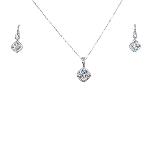 Drop Earrings and Cushion Shaped Pendant Necklace with Cubic Zirconia in Sterling Silver Jewellery Set Jewellery Sets Bevilles 