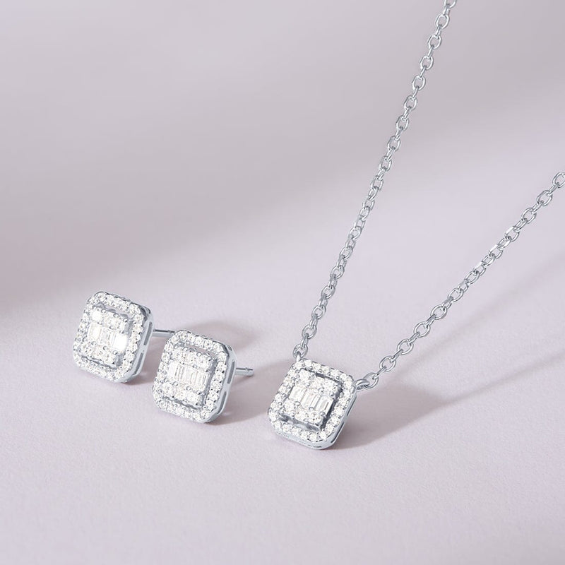 Halo Earring and Necklace Set with Cubic Zirconia in Sterling Silver Jewellery Sets Bevilles 