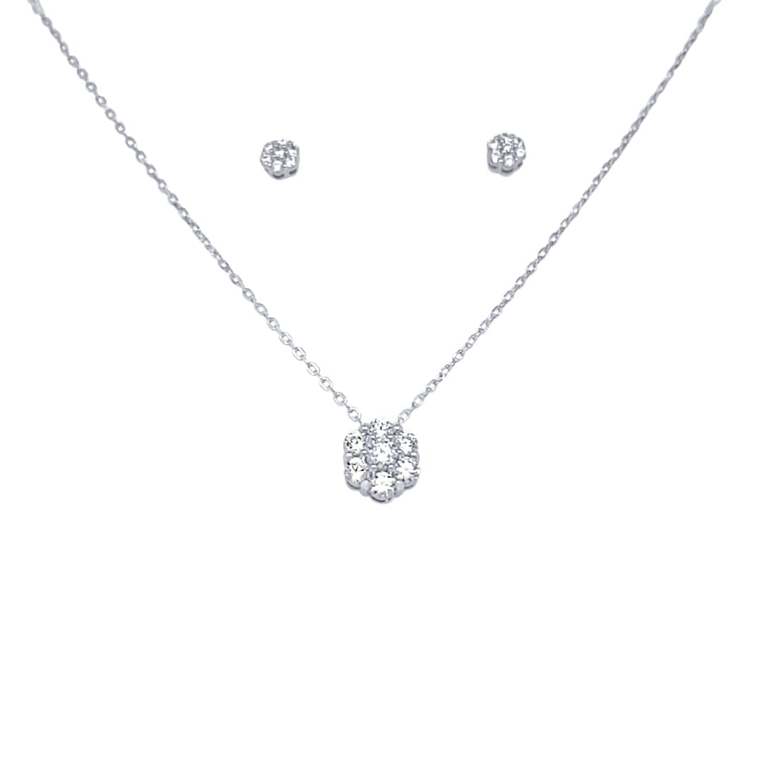 Flower Necklace and Stud Earrings Jewellery Set with Cubic Zirconia in Sterling Silver Jewellery Set Bevilles 