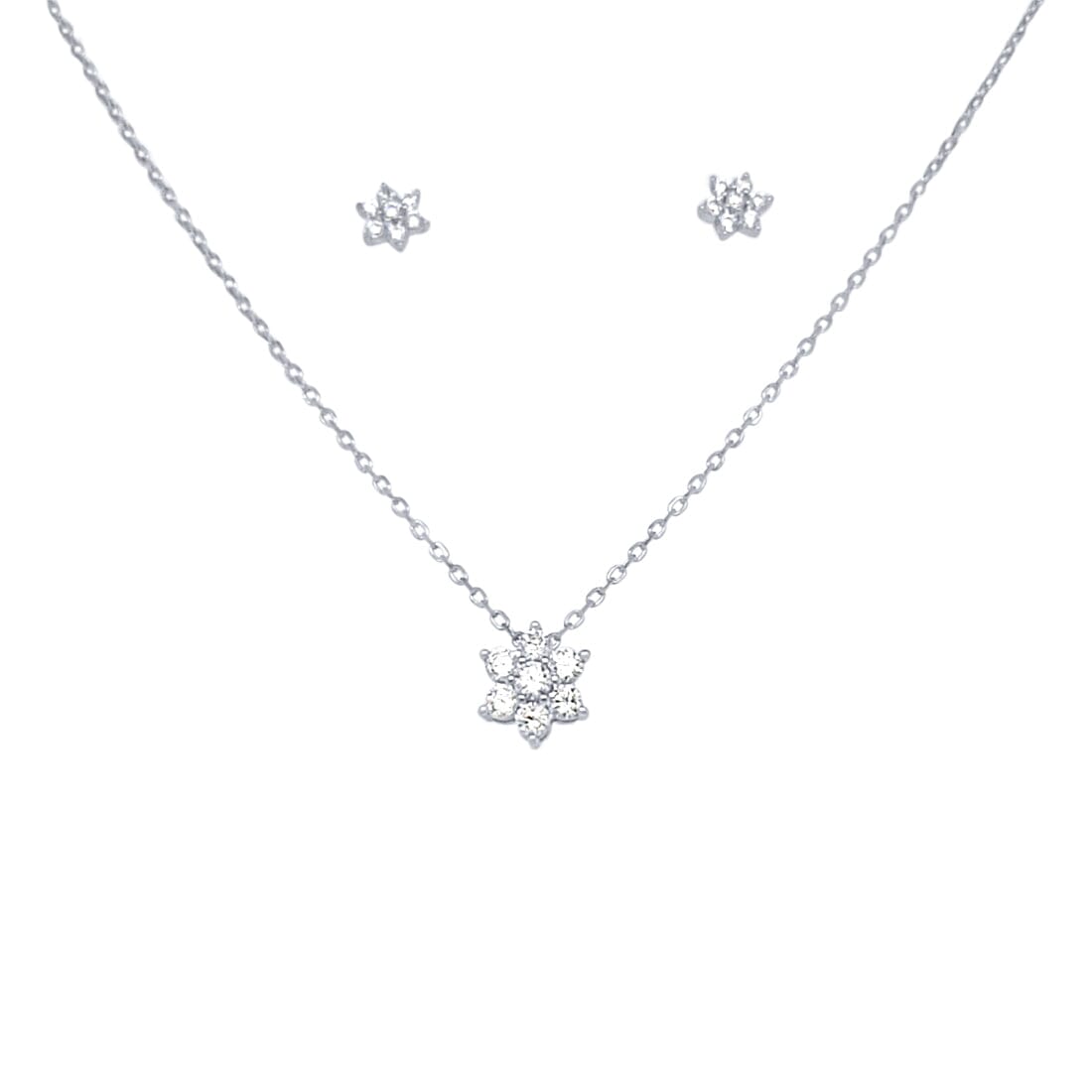 Flower Necklace and Stud Earrings Jewellery Set with Cubic Zirconia in Sterling Silver Jewellery Set Bevilles 