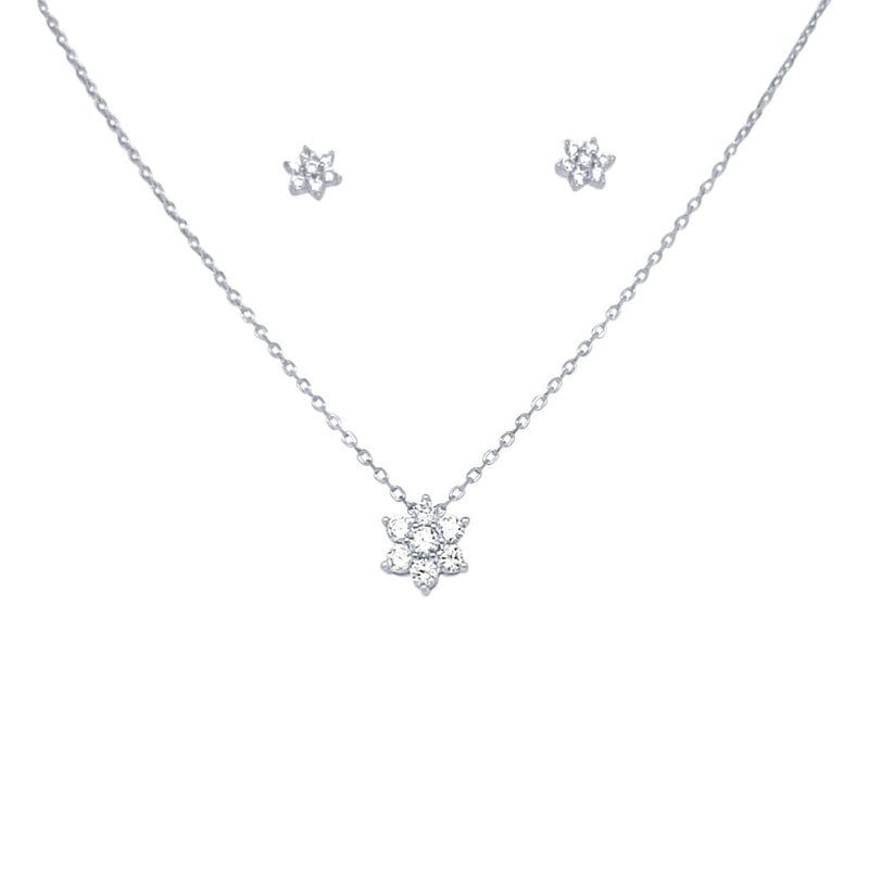Flower Necklace and Stud Earrings Jewellery Set with Cubic Zirconia in Sterling Silver Jewellery Set Bevilles 