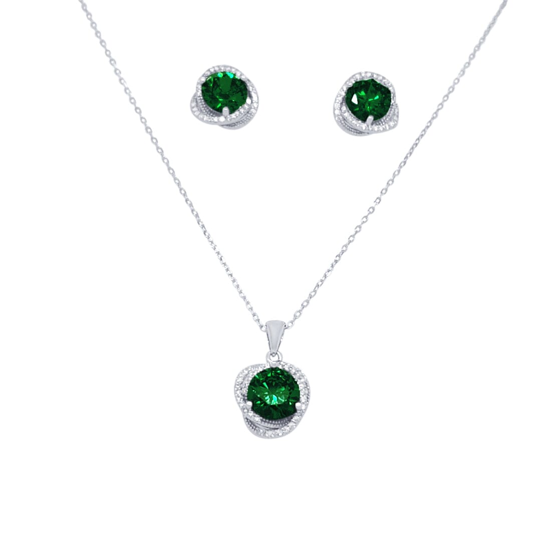 Dark Green Swirl Pendant Necklace and Stud Earrings Set with Cubic Zirconia in Sterling Silver Jewellery Set Bevilles 