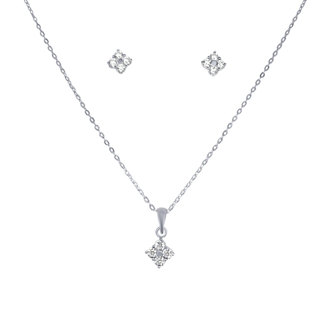 Diamond Shaped Cluster Stud Earrings and Necklace Set with Cubic Zirconia in Sterling Silver Jewellery Sets Bevilles 