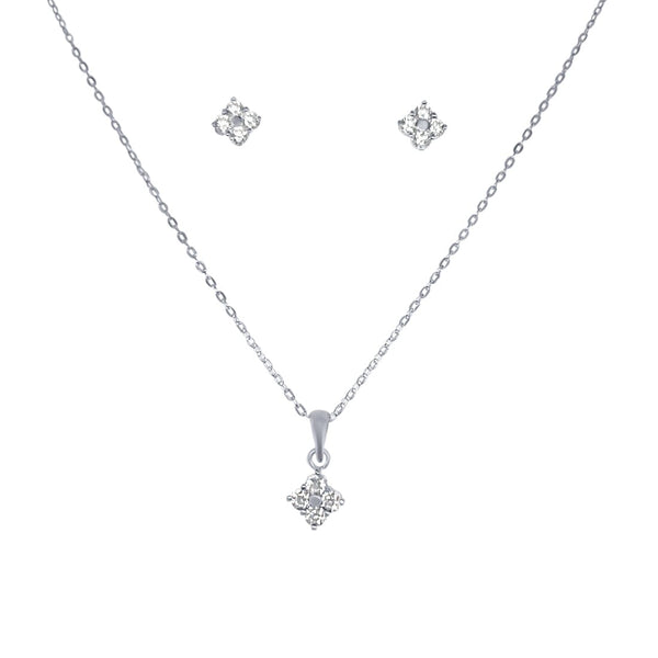 Diamond Shaped Cluster Stud Earrings and Necklace Set with Cubic Zirconia in Sterling Silver Jewellery Sets Bevilles 