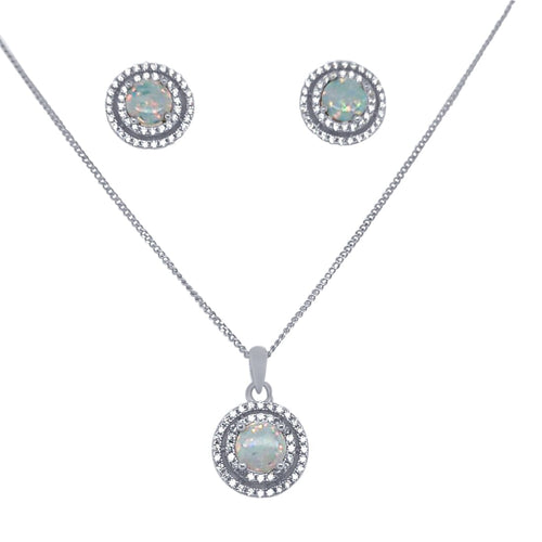 Double Halo Synthetic Opal Necklace and Stud Earrings Set Jewellery Sets Bevilles 