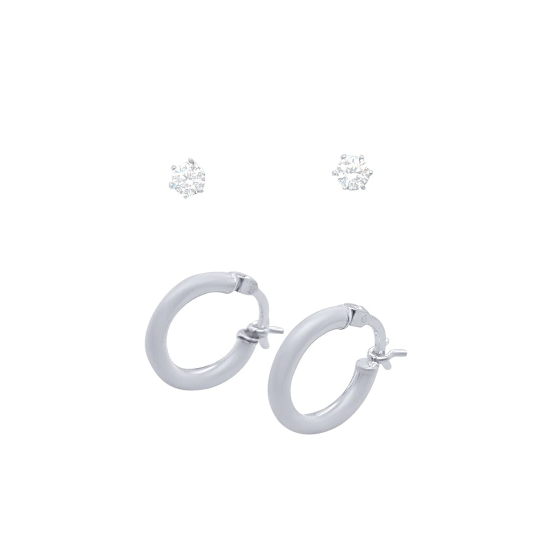 Plain Round Hoop and Stud Earring Set with Cubic Zirconia in Sterling Silver Jewellery Set Bevilles 