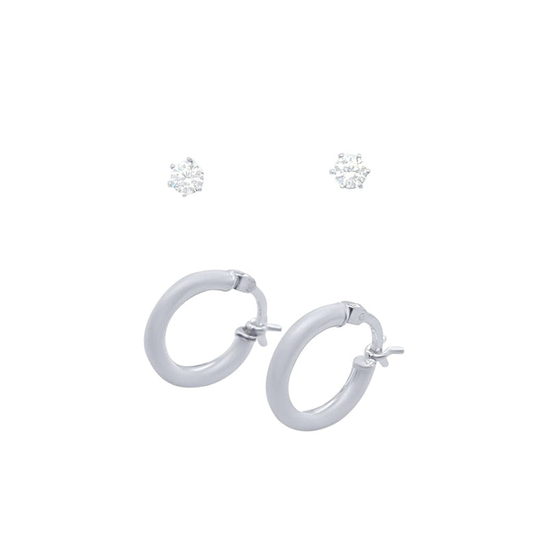 Plain Round Hoop and Stud Earring Set with Cubic Zirconia in Sterling Silver Jewellery Set Bevilles 