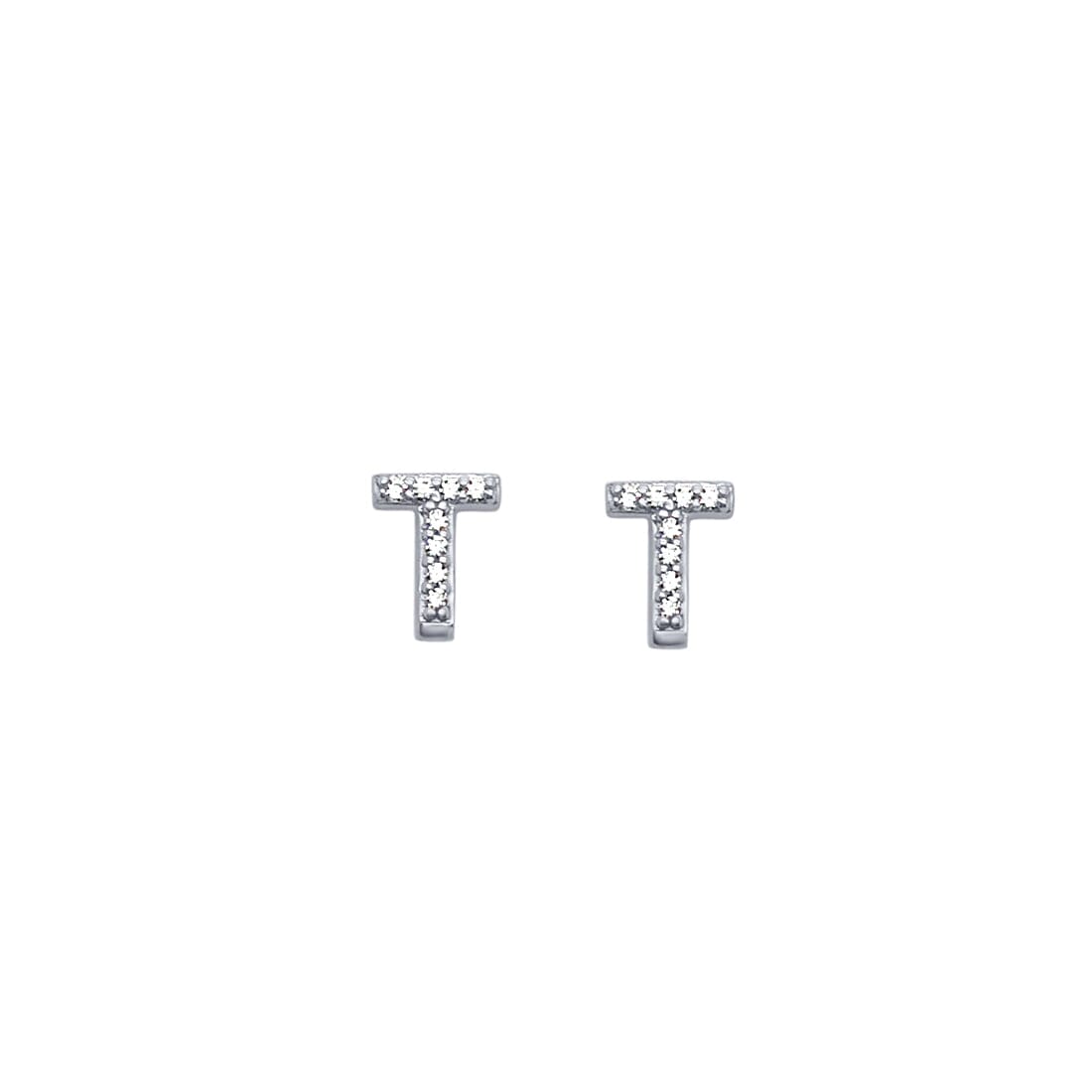 T Initial Stud Stud Earrings with Cubic Zirconia in Sterling Silver Earrings Bevilles 