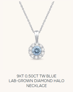 9kt 0.50ct TW blue lab-grown diamond halo necklace on a white background