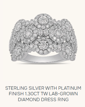 Silver ring with platinum finish and lab-grown diamonds on a white background