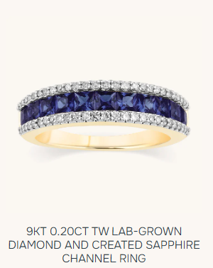 Ring with lab-grown diamonds and created sapphires on a white background