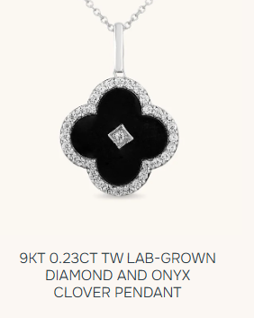 9kt lab-grown diamond and onyx clover pendant on a white background