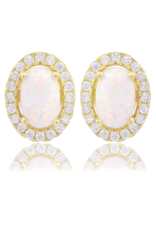 OPAL GLOW BLACKWATTLE WHITE CREATED OPAL EARRINGS GOLD Bevilles Jewellers 