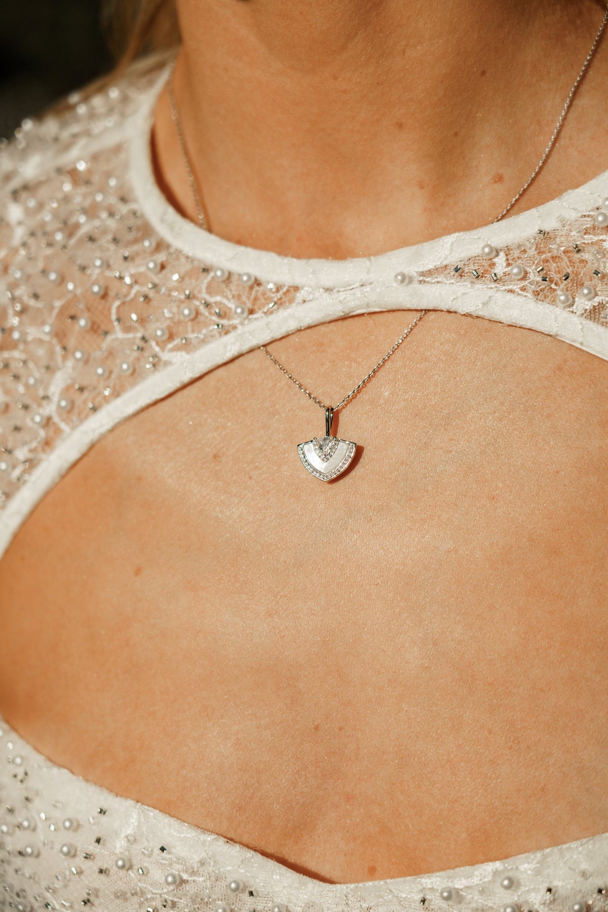 CHIC NOEL MOTHER OF PEARL FAN PENDANT SILVER Bevilles Jewellers 