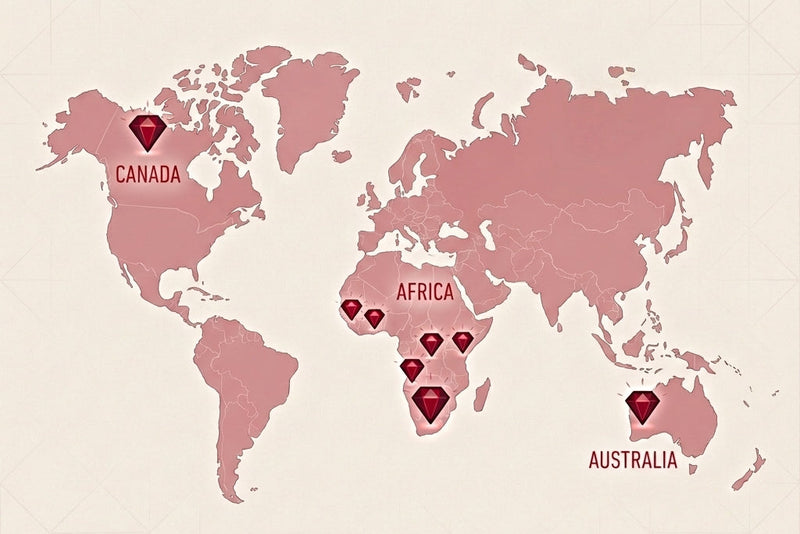 World map with red markers indicating locations on a beige background
