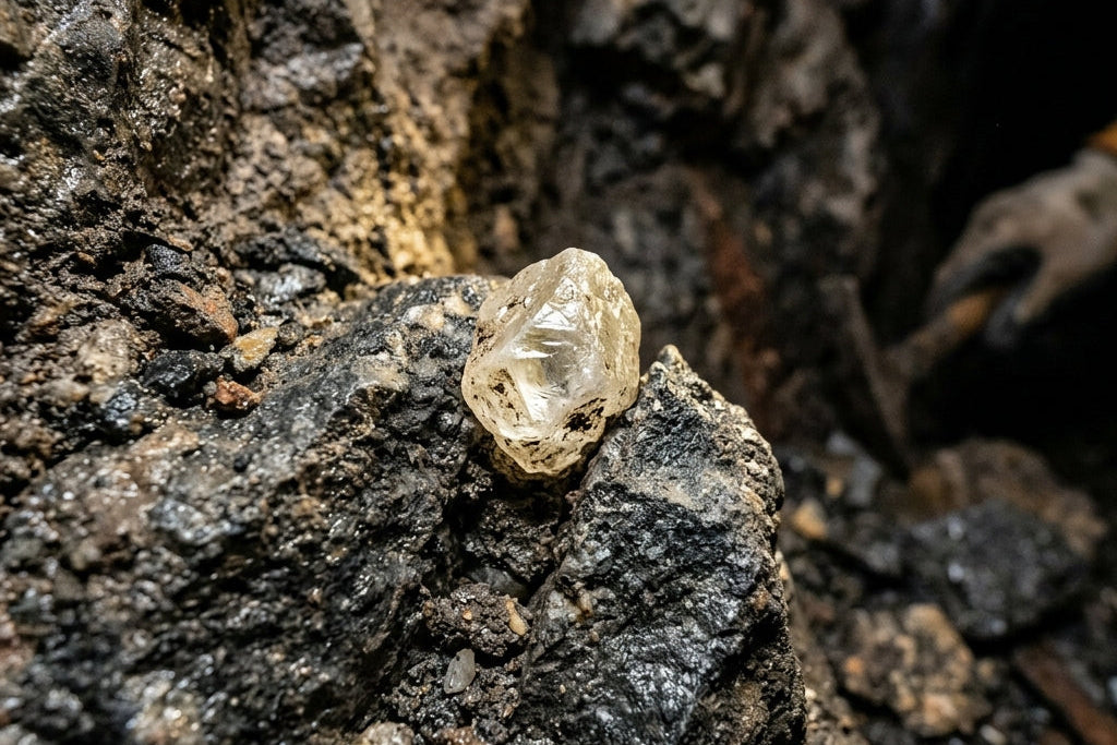 Raw diamond on a rough stone surface