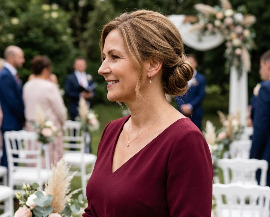 Woman in a burgundy dress standing outdoors with floral decorations and people in the background