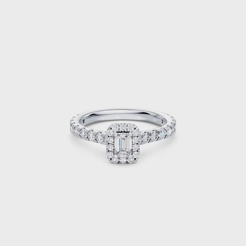 Emerald Cut Halo Ring with 1.10ct of Laboratory Grown Diamonds in 9ct White Gold