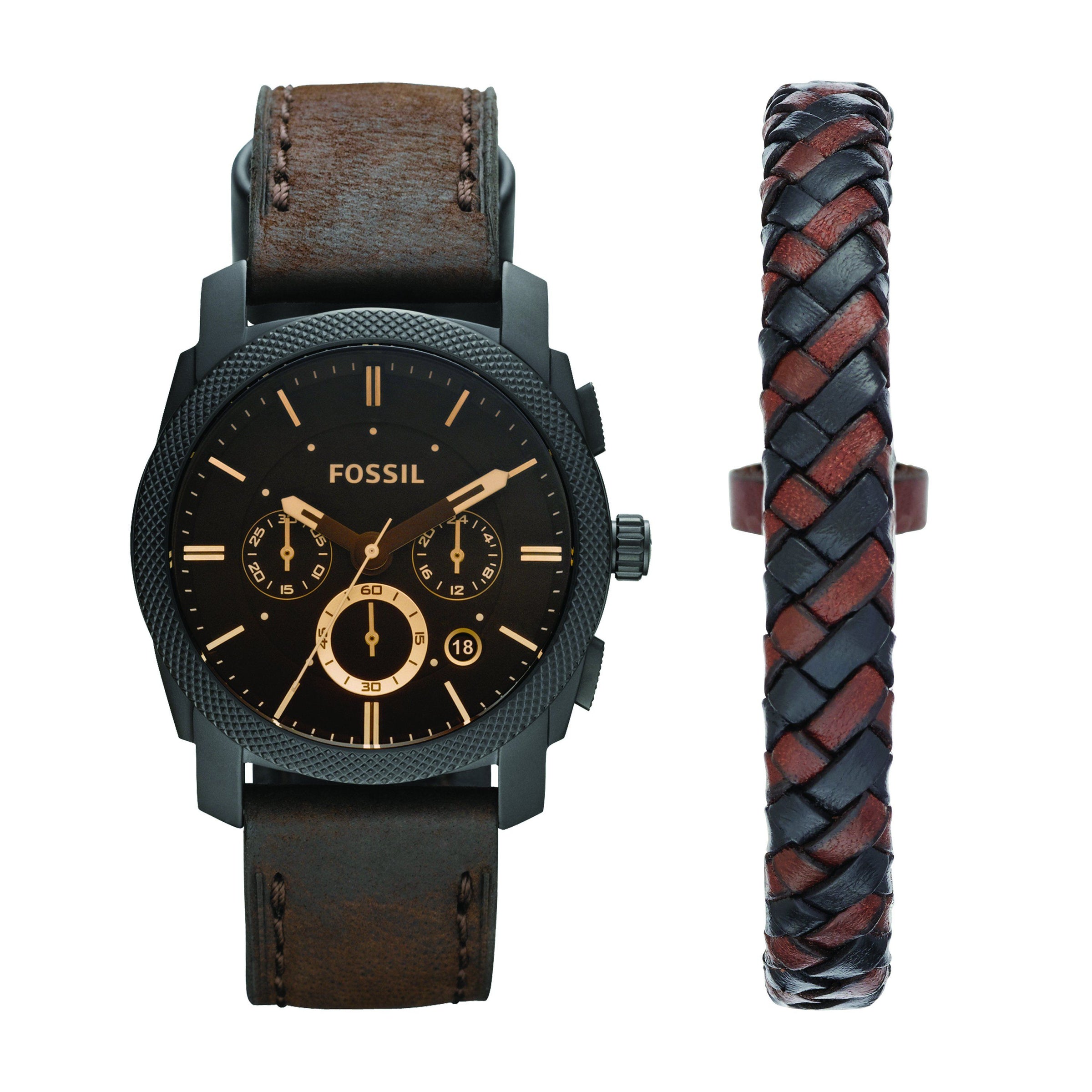 Fossil Machine Chronograph Dark Brown Leather Watch and Bracelet