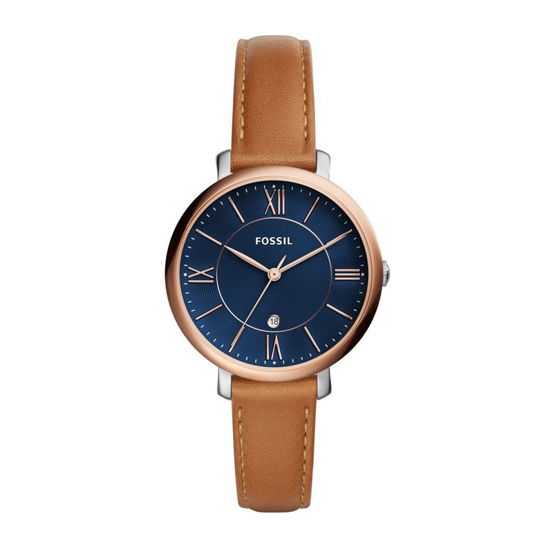Fossil Ladies Jacqueline Blue Face Rose Gold Case Brown Leather