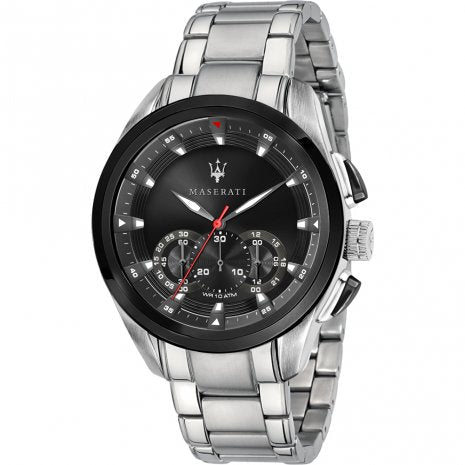 Maserati Traguardo 45mm Black Dial Silver Bracelet Watch Bevilles Jewellers 