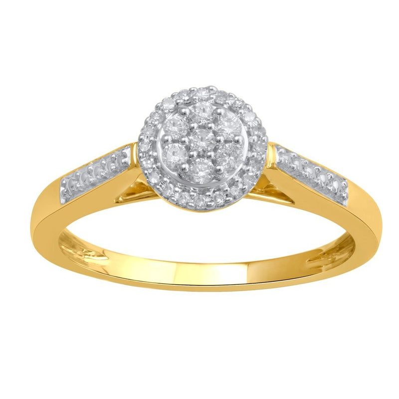 Brilliant Halo Surround Ring with 0.15ct of Diamonds in 9ct Yellow Gold Rings Bevilles 