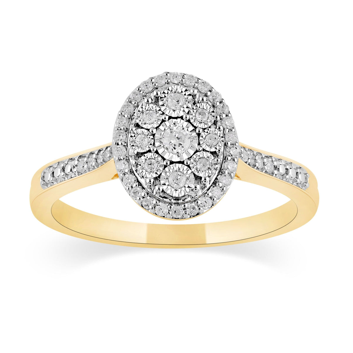 Oval Shaped Halo Ring with 0.15ct of Diamonds in 9ct Yellow Gold Rings Bevilles 
