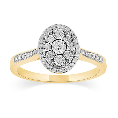 Oval Shaped Halo Ring with 0.15ct of Diamonds in 9ct Yellow Gold Rings Bevilles 