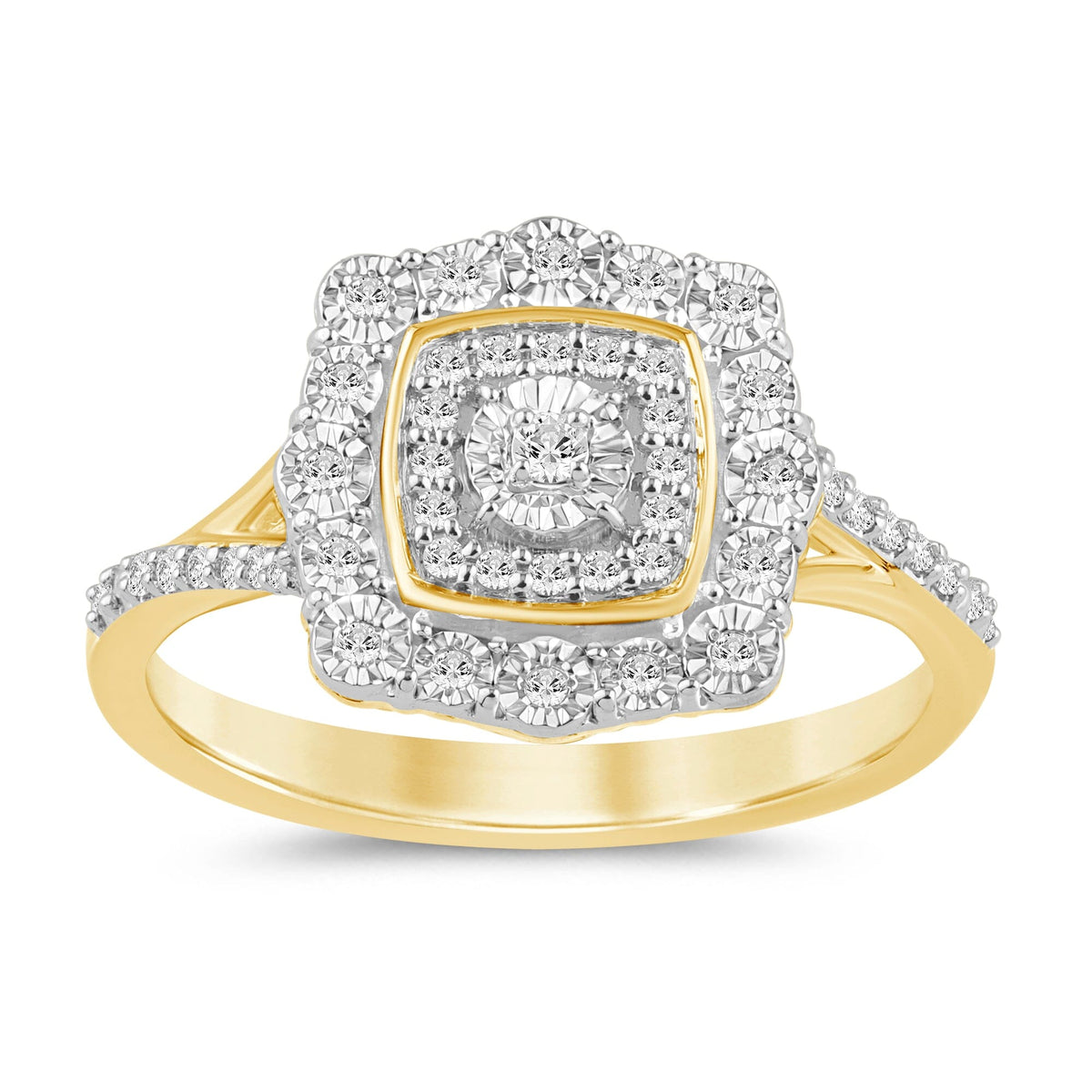Fancy Miracle Halo Cushion Shaped Ring with Diamonds in 9ct Yellow Gold Rings Bevilles 