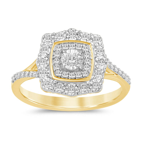 Fancy Miracle Halo Cushion Shaped Ring with Diamonds in 9ct Yellow Gold Rings Bevilles 
