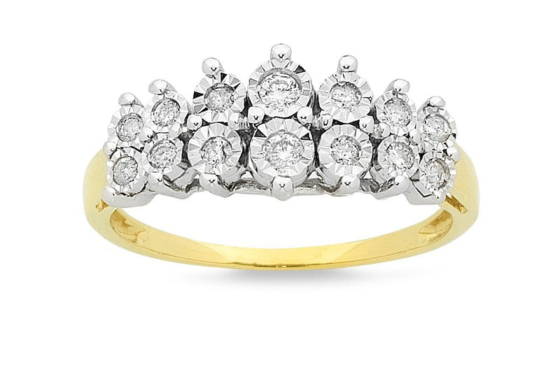 Brilliant Set Two Row Ring with 1/4ct of Diamonds in 9ct Yellow Gold Rings Bevilles 