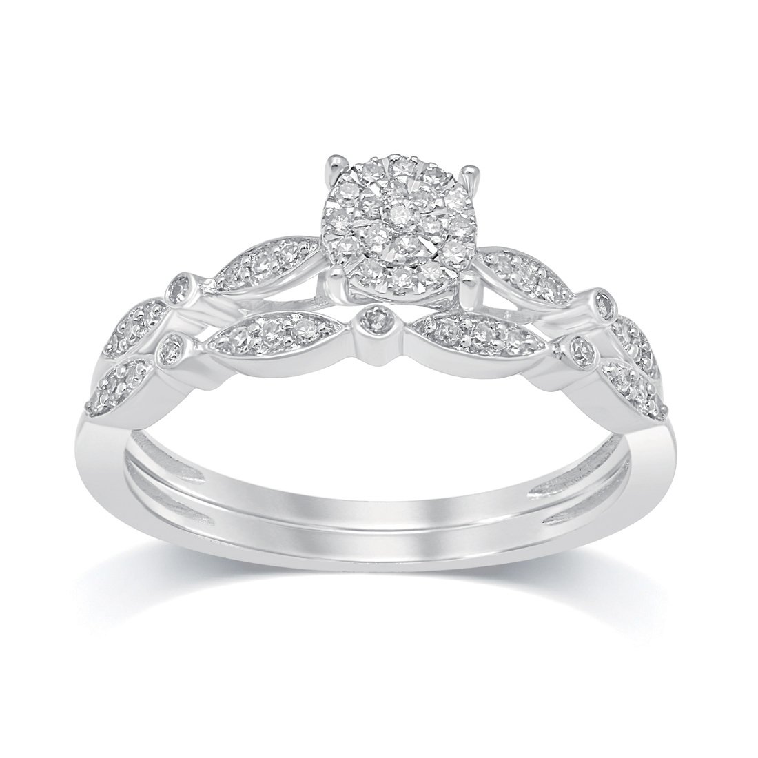 Double Halo Two Ring Wedder Set with 1/5ct of Diamonds in 9ct White Gold Rings Bevilles 