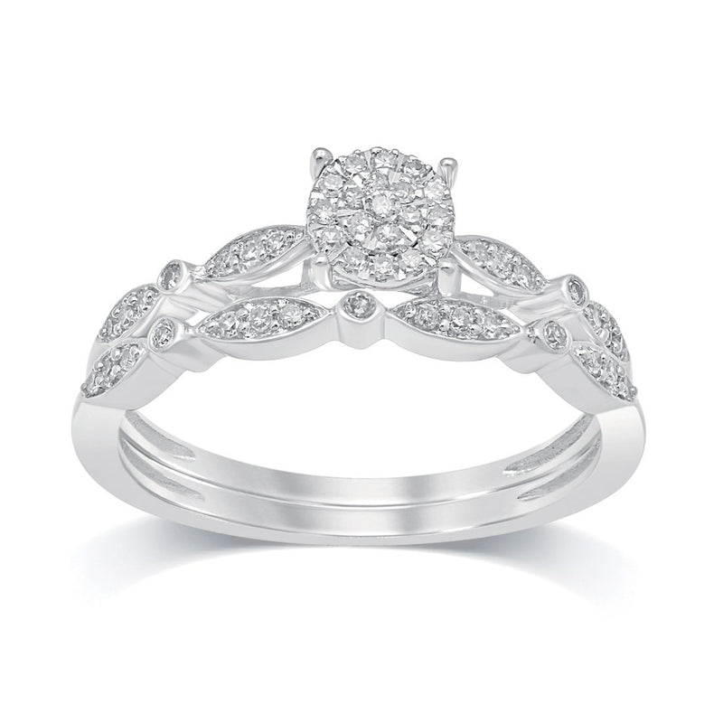 Double Halo Two Ring Wedder Set with 1/5ct of Diamonds in 9ct White Gold Rings Bevilles 