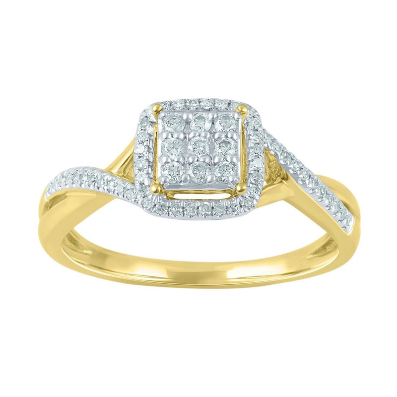 Brilliant Square Look Halo Ring with 1/5ct of Diamonds in 9ct Yellow Gold Rings Bevilles 