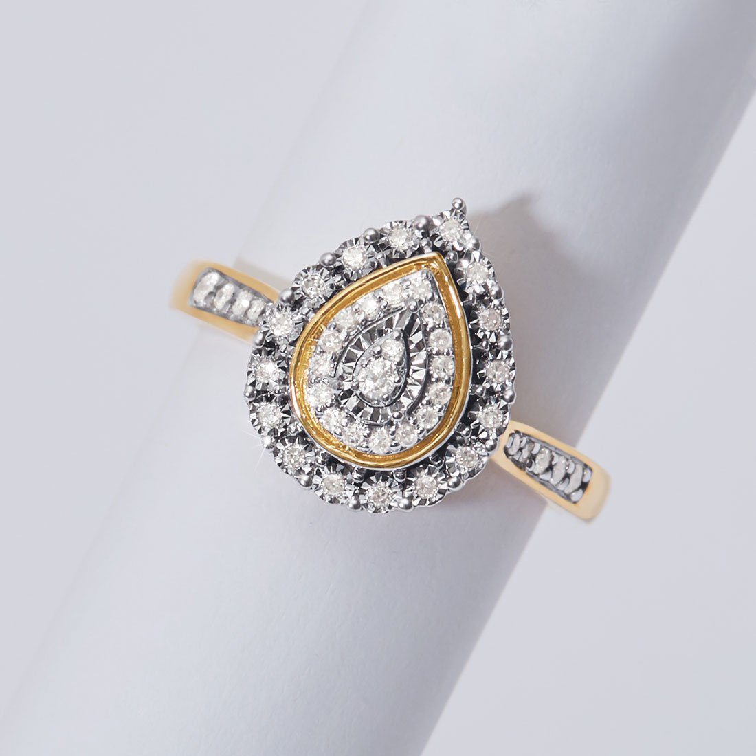 Miracle Double Halo Pear Ring with 1/5ct of Diamonds in 9ct Yellow Gold Rings Bevilles 