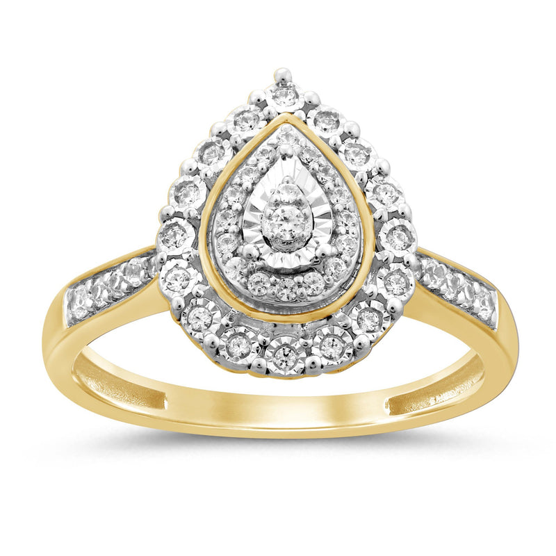 Miracle Double Halo Pear Ring with 1/5ct of Diamonds in 9ct Yellow Gold Rings Bevilles 