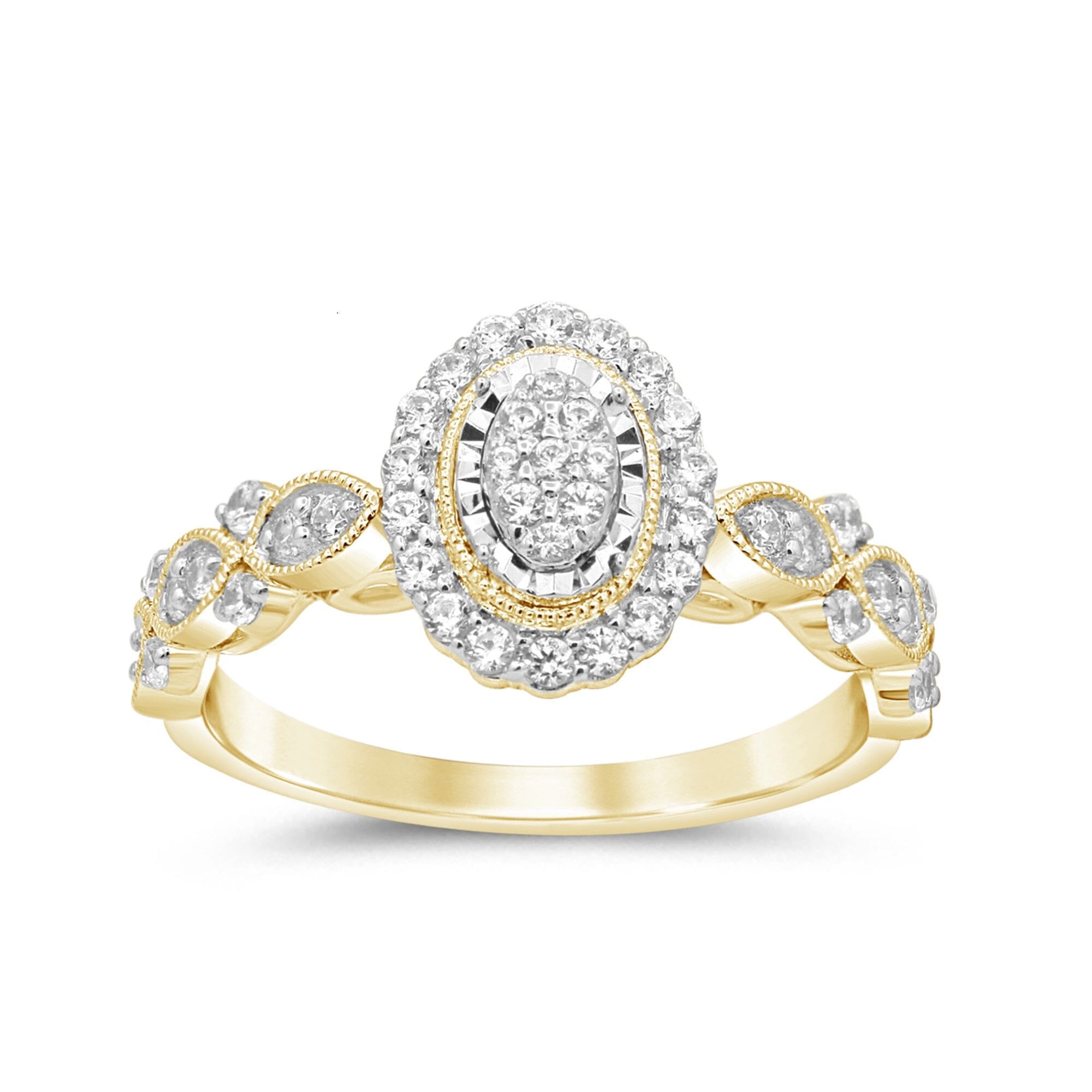 Oval Shaped Halo Ring with 1/2ct of Diamonds in 9kt Yellow Gold
