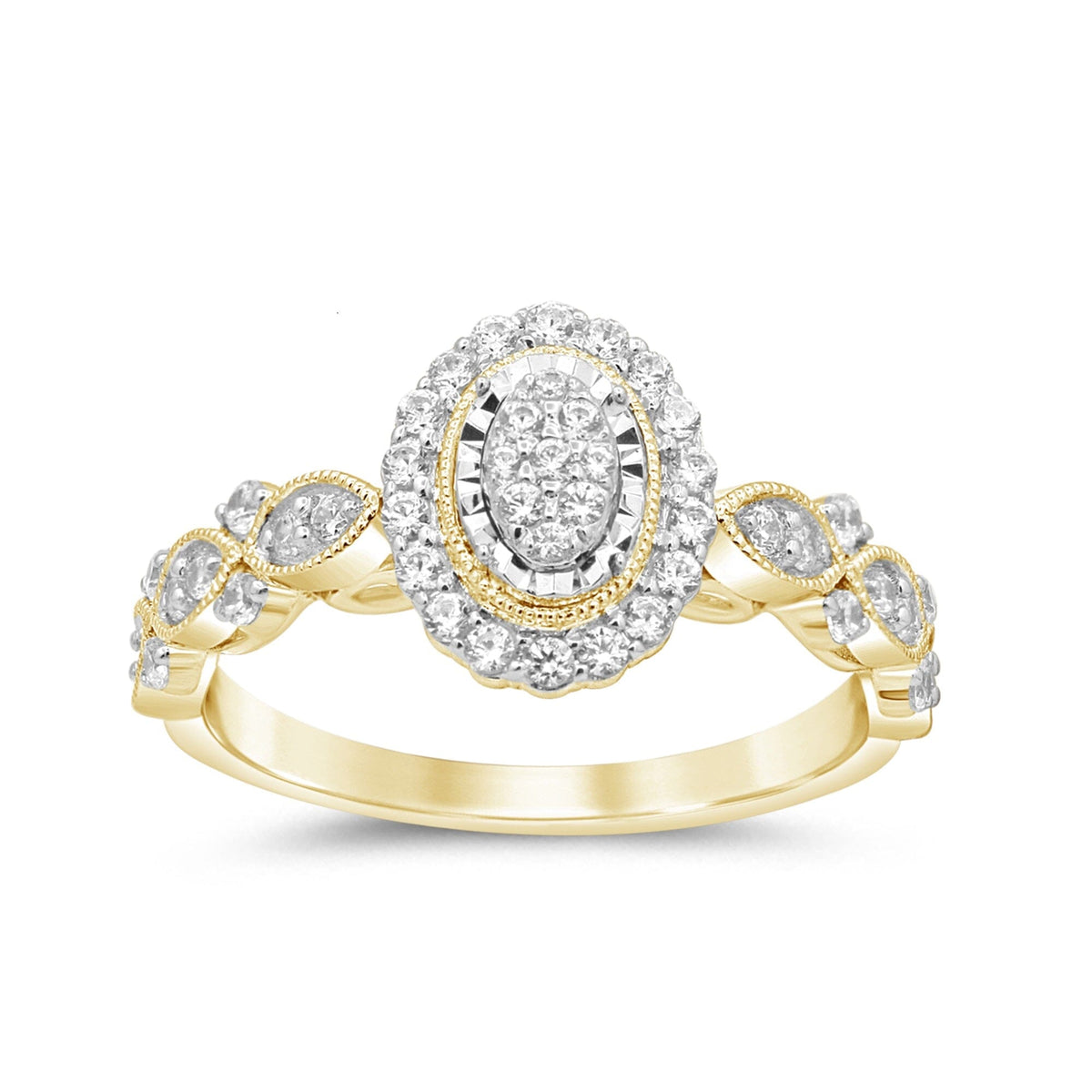 Oval Shaped Halo Ring with 1/2ct of Diamonds in 9ct Yellow Gold Rings Bevilles 