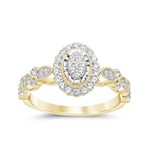 Oval Shaped Halo Ring with 1/2ct of Diamonds in 9ct Yellow Gold Rings Bevilles 