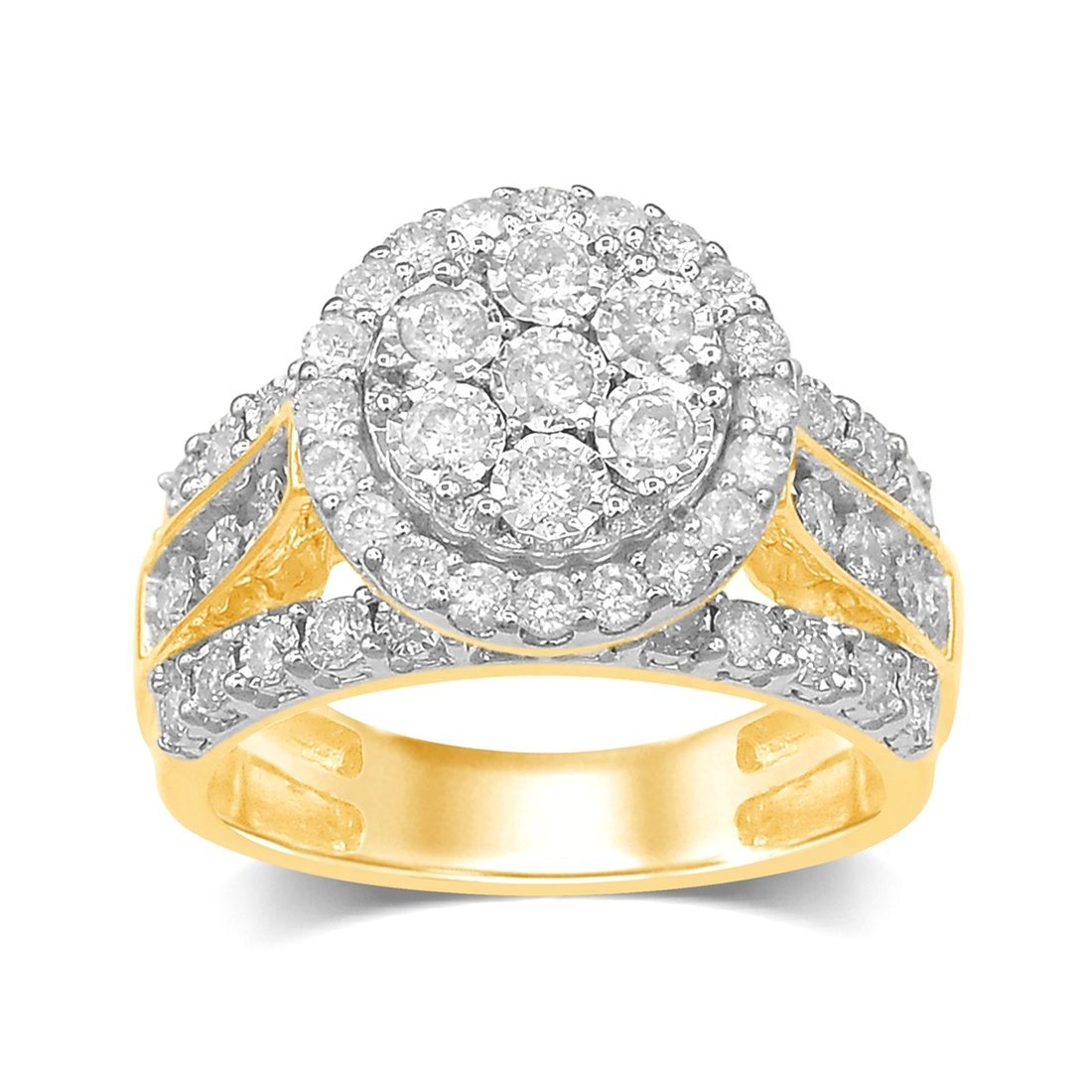 9ct Yellow Gold 1.00ct Brilliant 3 Row Halo Diamond Ring Rings Bevilles 