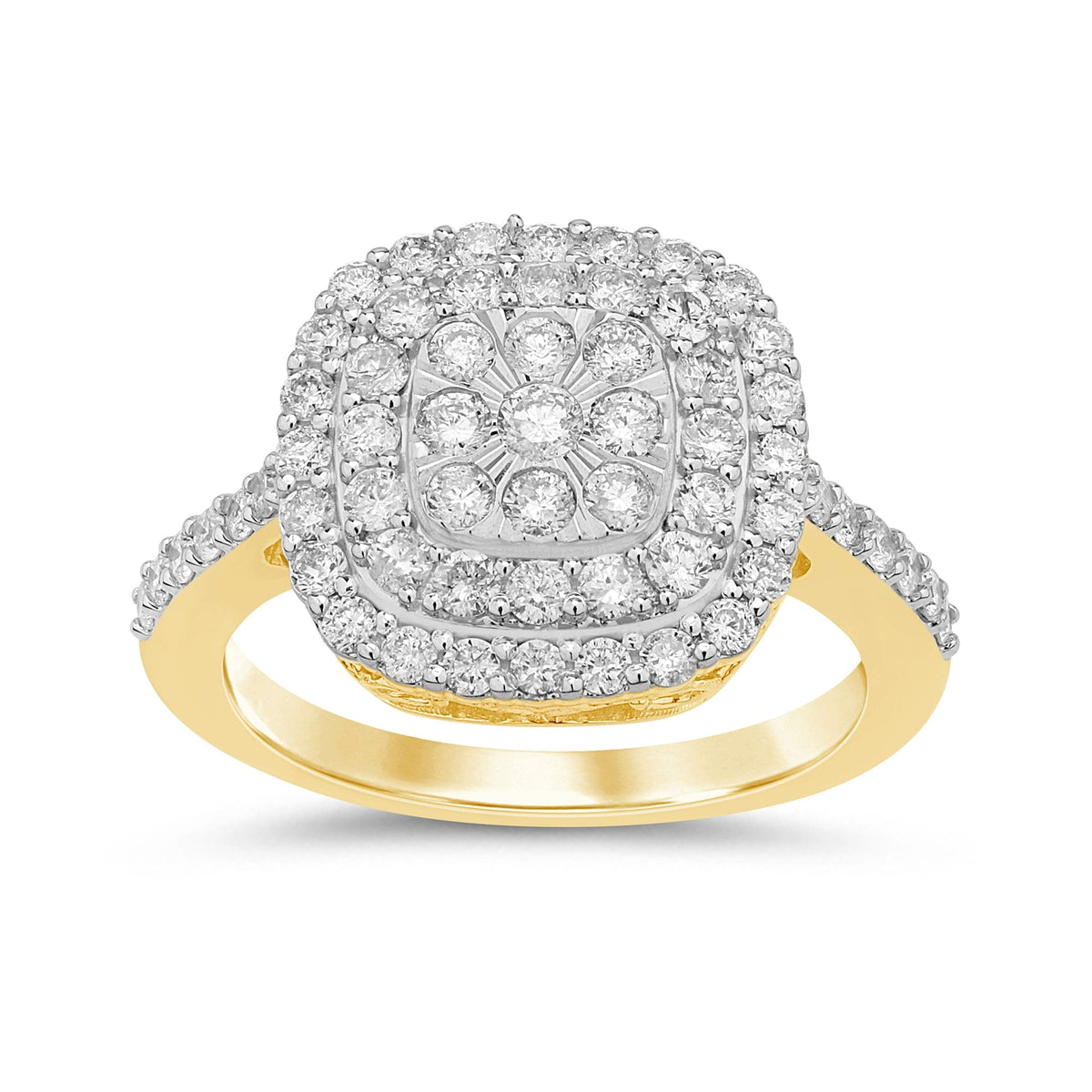 Double Halo Square Look Ring with 1.00ct of Diamonds in 9ct Yellow Gold Rings Bevilles 