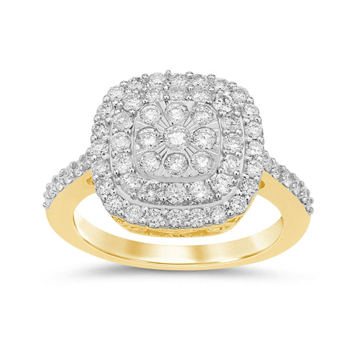 Double Halo Square Look Ring with 1.00ct of Diamonds in 9ct Yellow Gold Rings Bevilles 